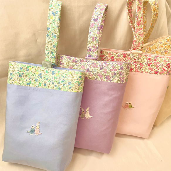 インコ刺繍上履き入れ  全4柄色(水色•紫•ベージュ•ピンク)入園入学　上履き袋【名入れ刺繍可能作品】