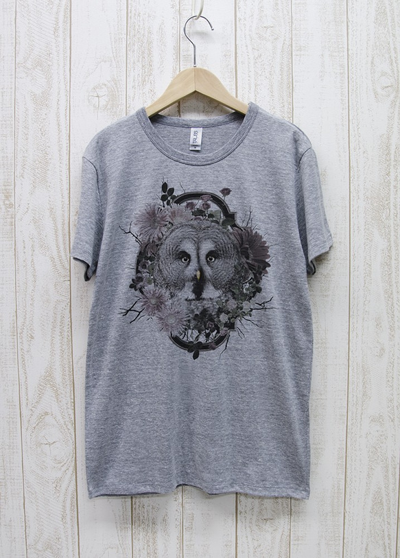 ronronGreatGrayOwl Tee　Flower Frame（ヘザーグレー） / R037-TT-GR