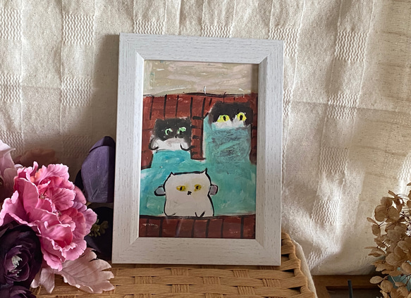 絵画。原画手描き【3匹のかわいい猫がプールでお風呂に入っている】