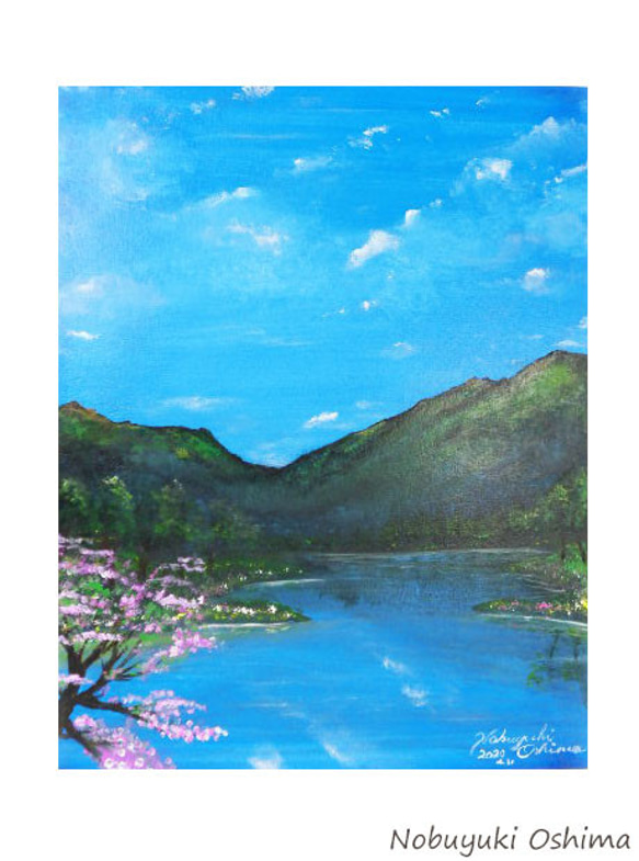 アクリル絵画「Lakeside in spring」原画【手描き／湖畔・桜・春・山・自然・風景・美術・アートインテリア】