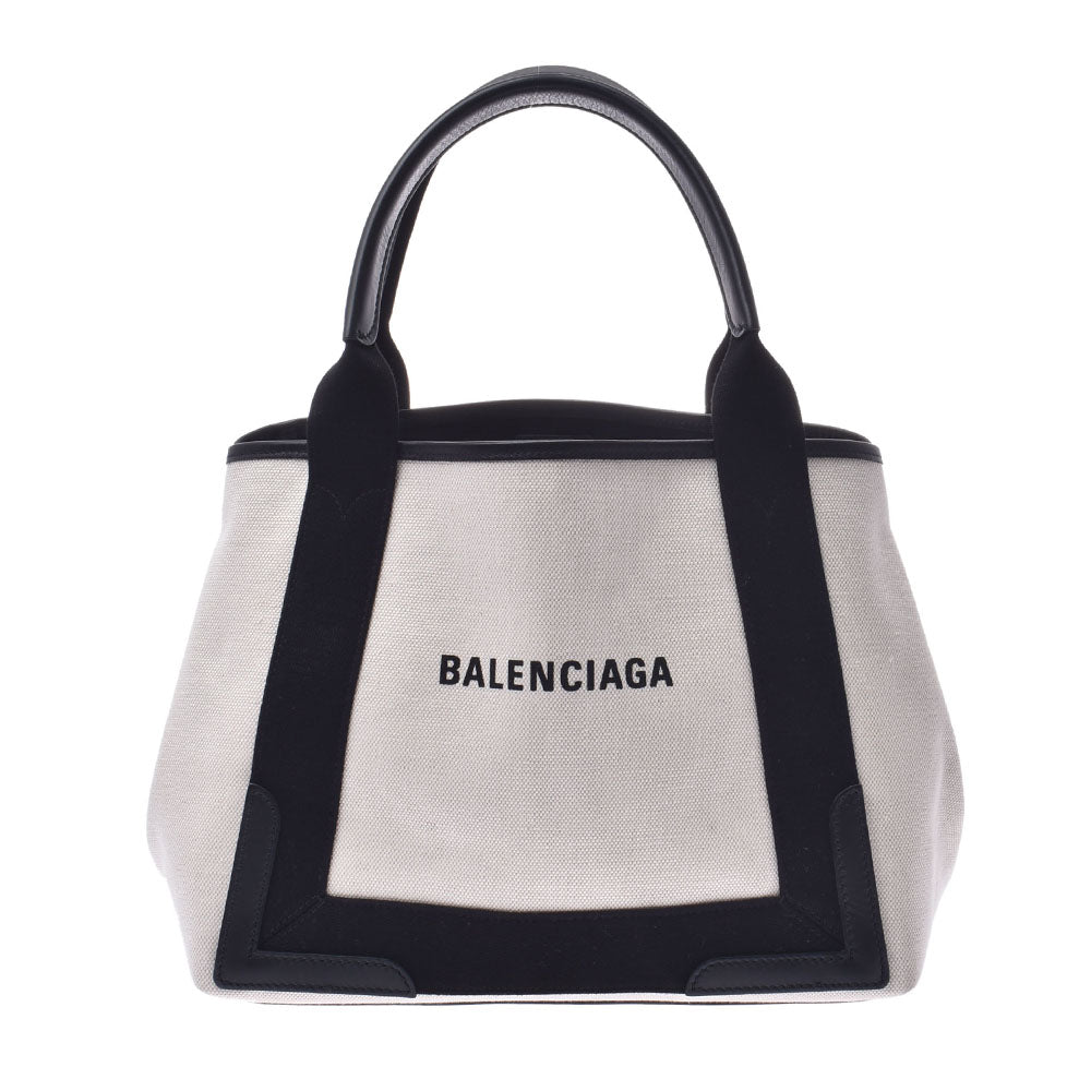 BALENCIAGA バレンシアガ ネイビーカバS ベージュ系 ブラック レディース キャンバス レザー ハンドバッグ Aランク 中古 