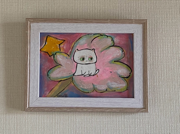 絵画。原画【花の中に星を見たかわいい白い猫】