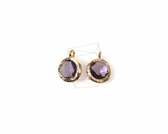 GLA-023-G【2個入り】ラウンドガラスチャーム,Round Framed Stone(Amethyst)