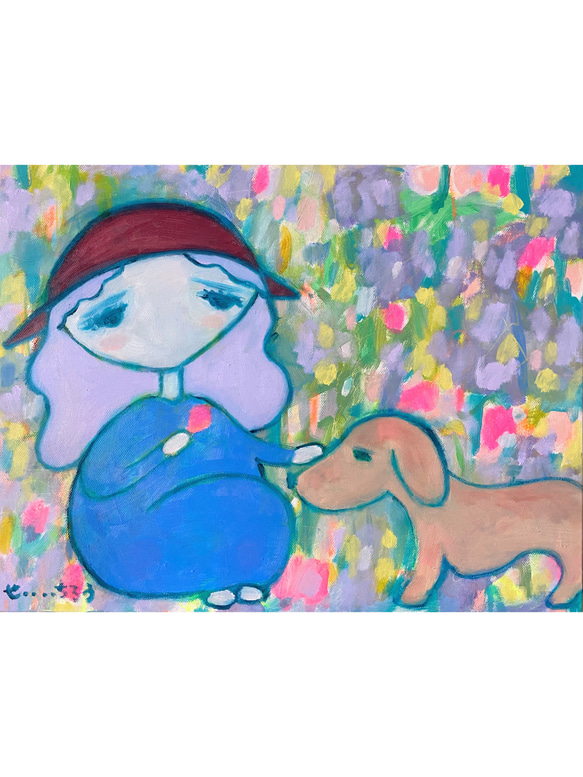 【ありがとう】F6 絵画 油絵 キャンバス 絵本 犬 イヌ レトロ ダックス ほのぼの プレゼント お祝い