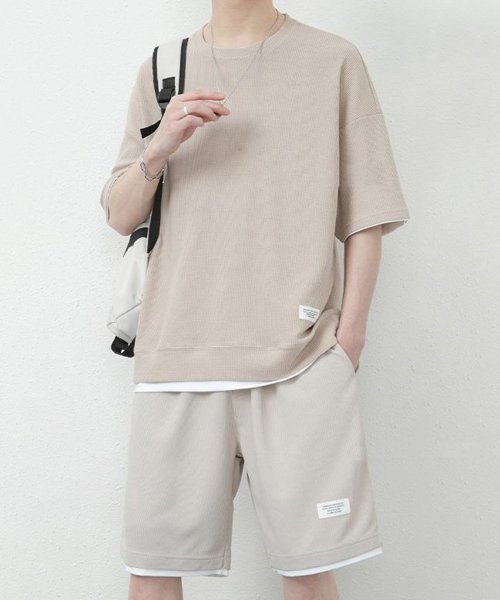 【MAISON CLUB】ワッフル ハーフパンツ セットアップ 半袖 ハーフパンツ 半パン Tシャツ 吸汗性 通気性 ワンマイルウェア KNF008