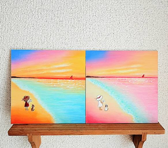 君の声が聞きたい・・　サンセットビーチ　夕焼けの夏空・海　【原画】オイルパステルアート