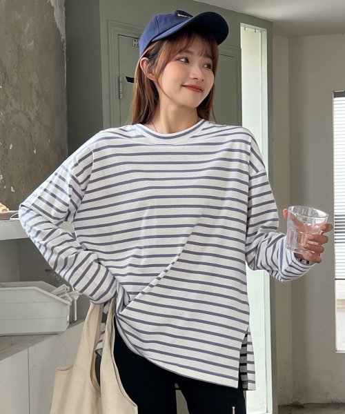 ロングTシャツ ボーダーコットン ML カットソー ソフトタッチ スリット 春服 春