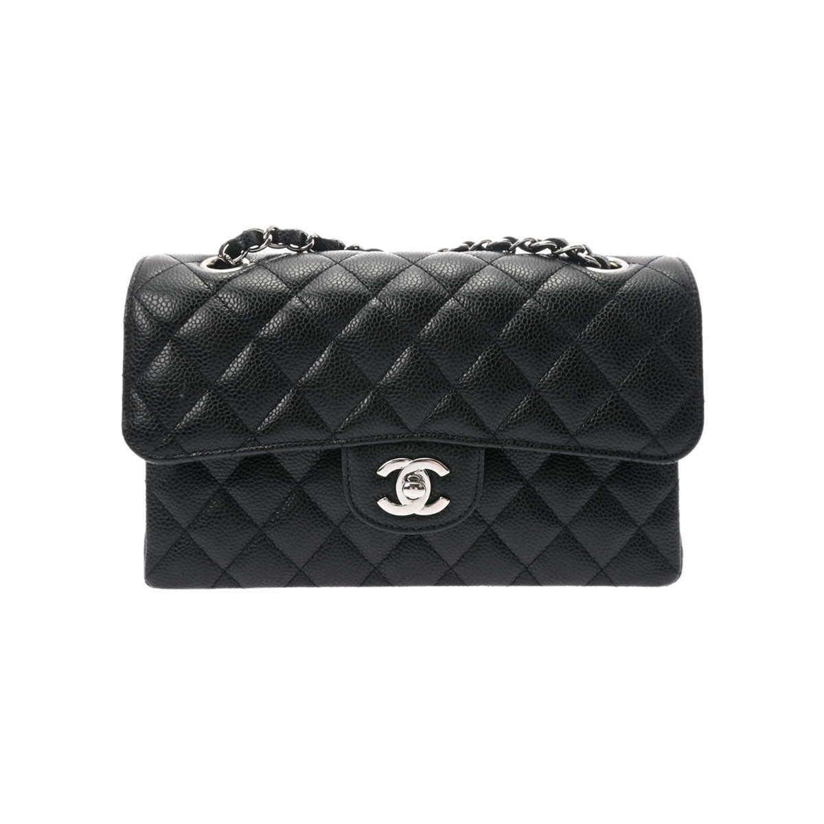 CHANEL シャネル マトラッセ Wフラップ チェーンショルダー ブラック シルバー金具 レディース キャビアスキン ショルダーバッグ Aランク 中古 