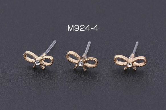 M924-4 12個 樹脂ピアス リボンD 石付き 5×11mm クリア/ゴールド 3X【4ヶ】