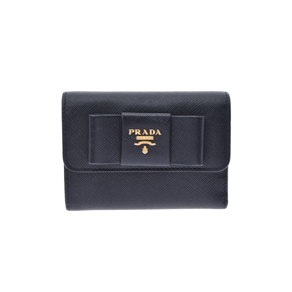 PRADA プラダ リボン ブラック ゴールド金具 1MH840 ユニセックス サフィアーノ 三つ折り財布 ABランク 中古 