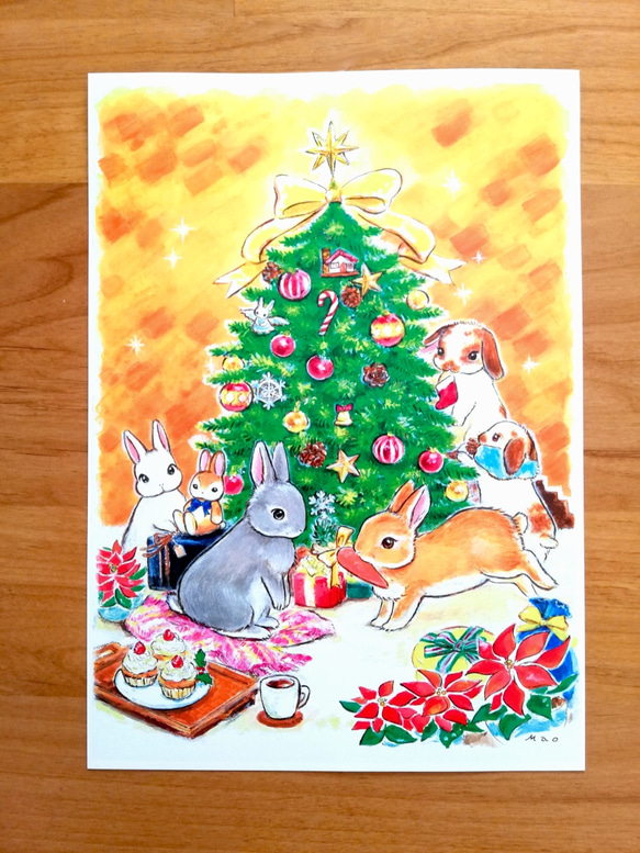 インテリア絵画ポスター【Christmas Party】A４　単品　クリスマスツリー　冬　うさぎ　#Art Mao