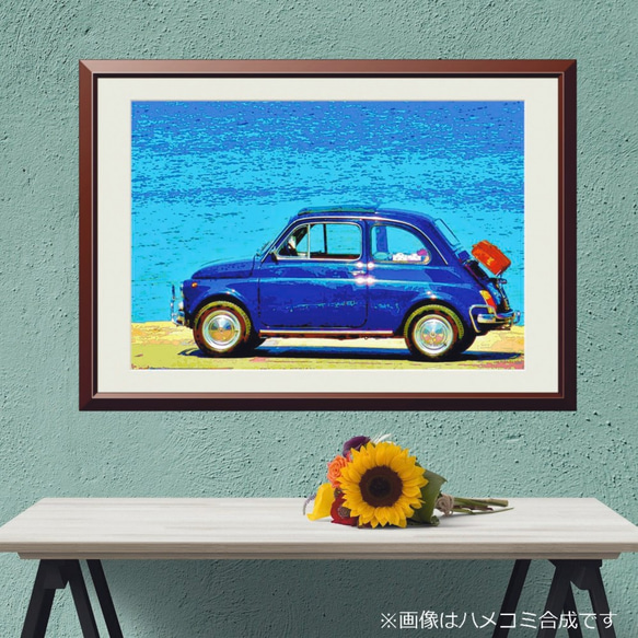 【アートポスター】海とFIAT500（チンクエチェント）②（作品No.043）