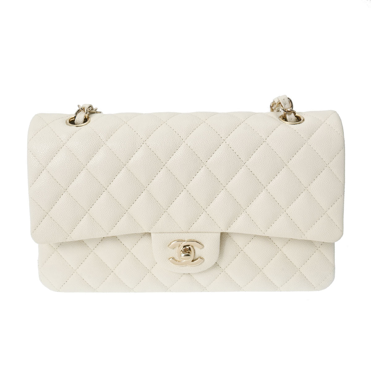 CHANEL シャネル マトラッセ Wフラップ チェーンショルダー 25cm 白 シャンパンゴールド金具 A01112 レディース キャビアスキン ショルダーバッグ ABランク 中古 