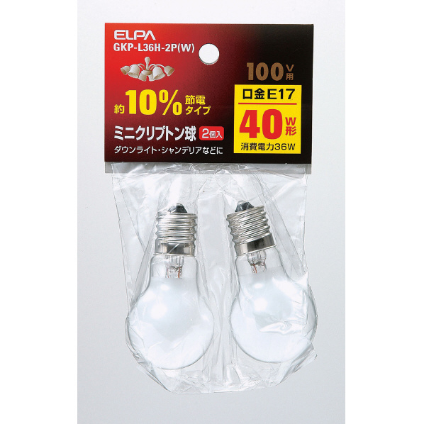 エルパ ミニクリプトン球 E17口金 40W形(36W) 2個入り ホワイト GKP-L36H-2PW