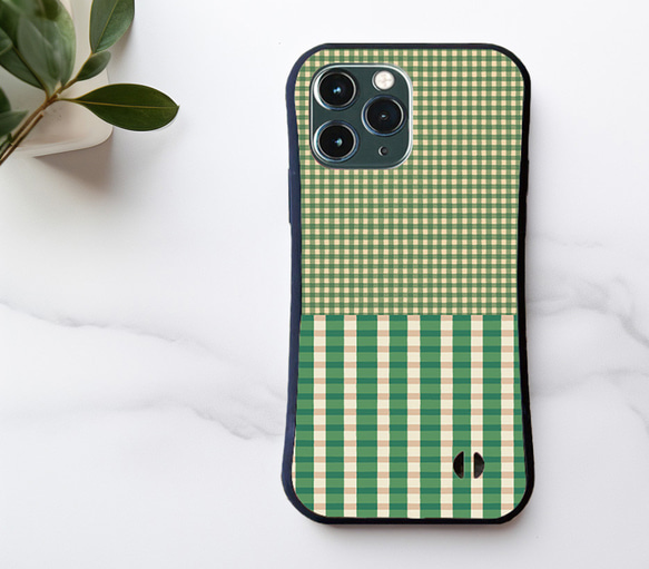 【耐衝撃グリップケース】GREEN CHECK iPhone  スマホケース　チェック柄