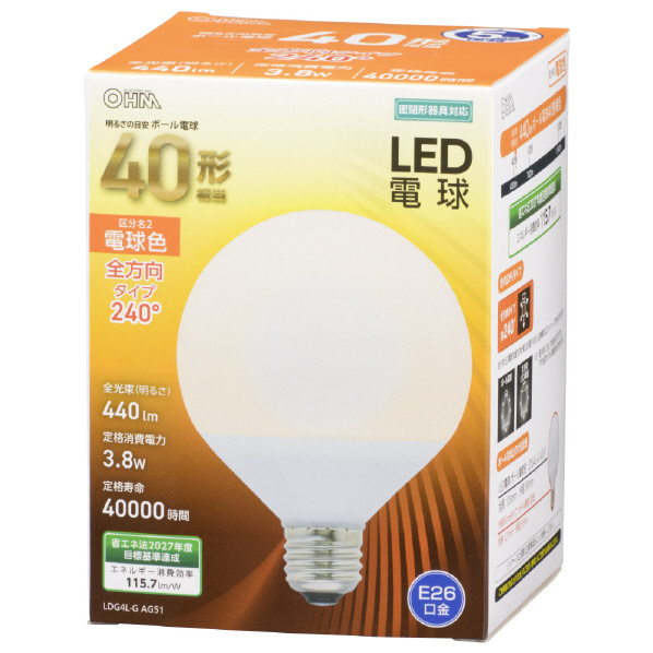 オーム電機 LED電球 E26口金 全光束440lm(3．8W普通電球サイズ) 電球色相当 LDG4L-G AG51