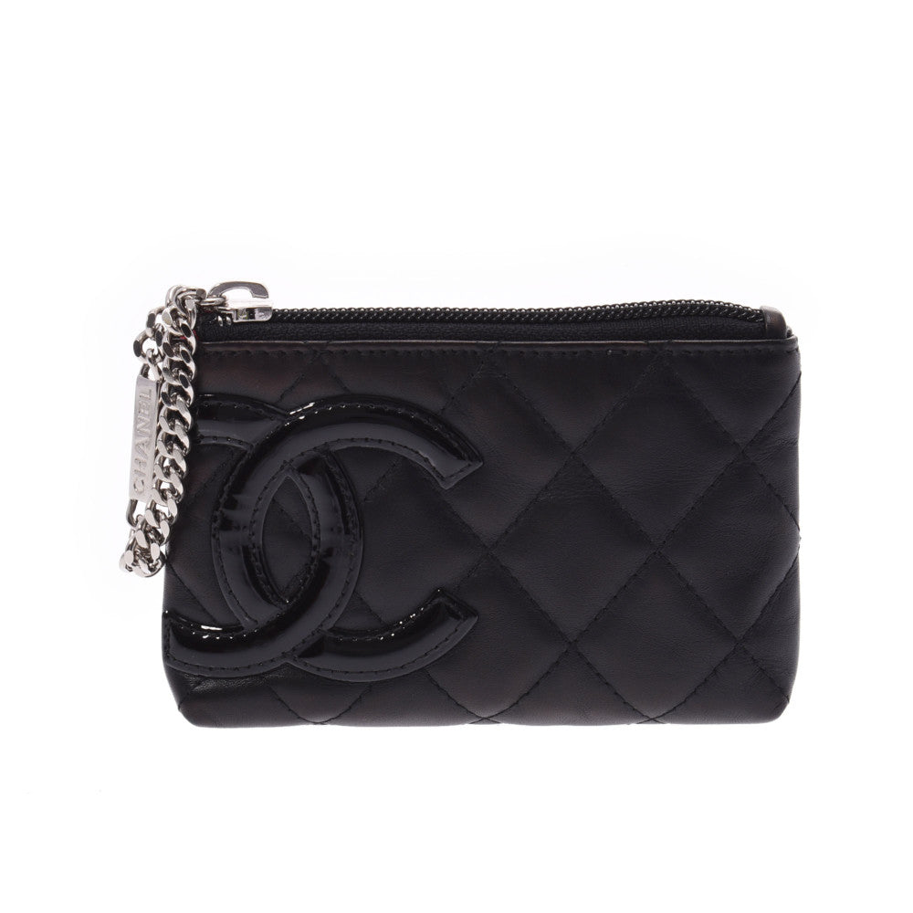 CHANEL シャネル カンボンライン キーリング付き 小銭入れ 黒/黒 レディース ラムスキン エナメル コインケース Aランク 中古 