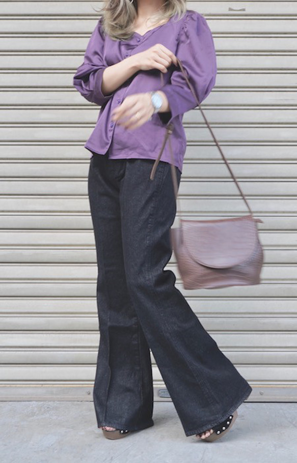 Center Press Black Denim Flare Pants ロングパンツ ブラック 黒 カジュアル