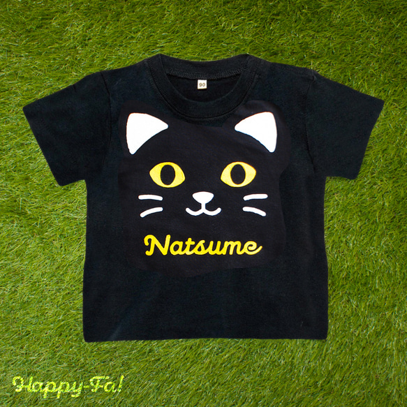 ねこフェイスTシャツ 80〜120サイズ【受注生産／名入れ】