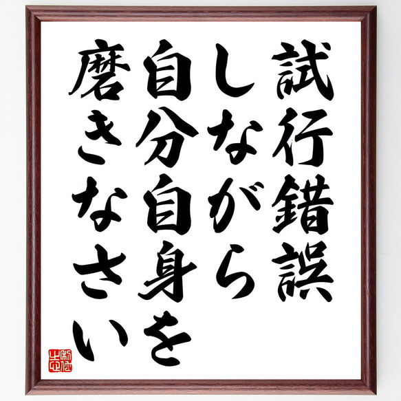 名言「試行錯誤しながら、自分自身を磨きなさい」額付き書道色紙／受注後直筆（V4599）