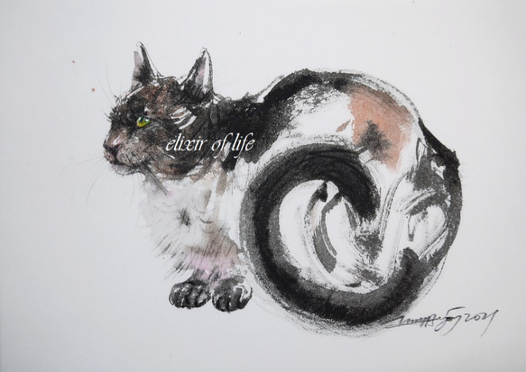 三毛猫(厚い和紙、24cm×32cm、墨絵、墨)