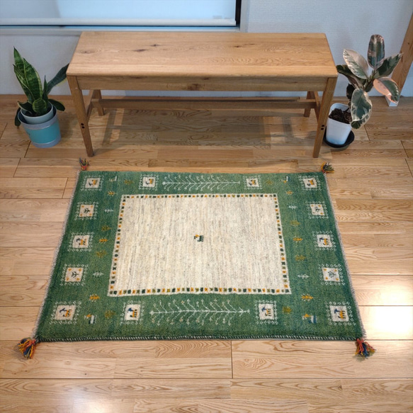 新規入荷】ペルシャ ギャッベ　玄関マット大　115x85cm　生命の木　グレー　緑