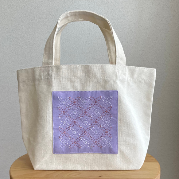 刺し子トートS　七宝つなぎ/ラベンダー　北欧　お財布バッグ　花柄　お弁当　キャンバス　紫　桜　パープル　こぎん刺し