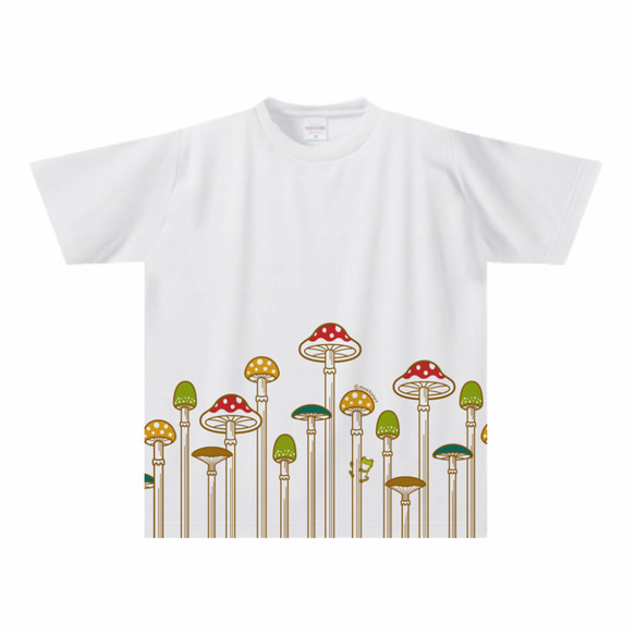 きのこ柄(カエルつき)Tシャツ(大人〜子供サイズ)【全面プリント】