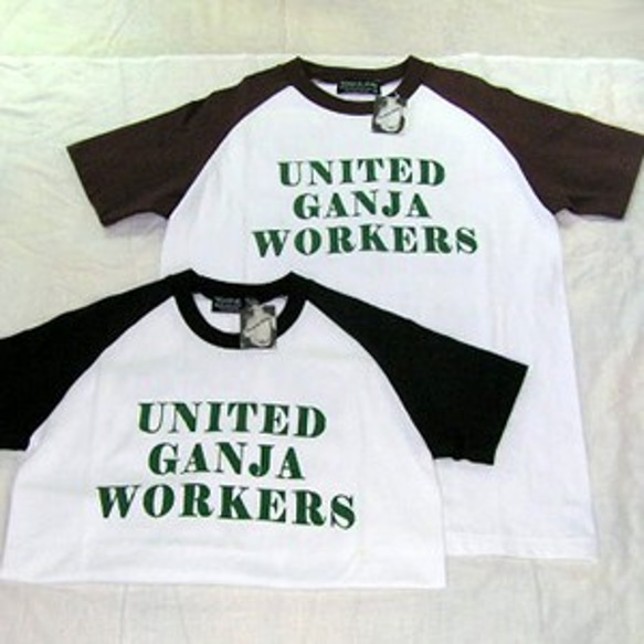 【アウトレット】プリントベースボールＴシャツ 　UNITED GANJA WORKERS　W-09044　白×黒　S