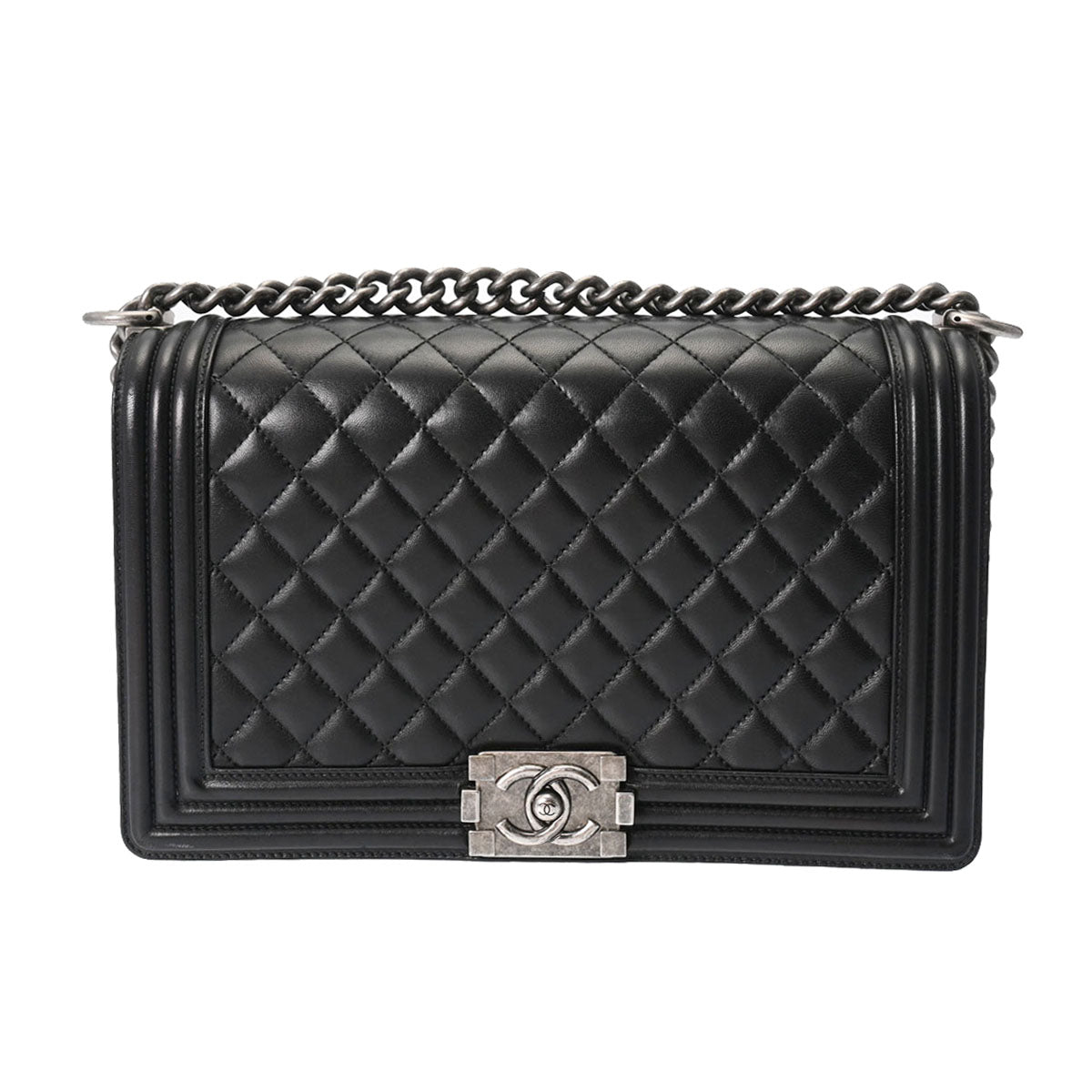 CHANEL シャネル ボーイシャネル チェーンショルダー 28cm  黒 アンティーク調シルバー金具 レディース ラムスキン ショルダーバッグ Aランク 中古 