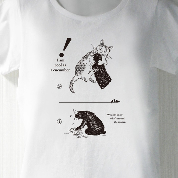 猫と熊 白 Tシャツ（インク：黒）