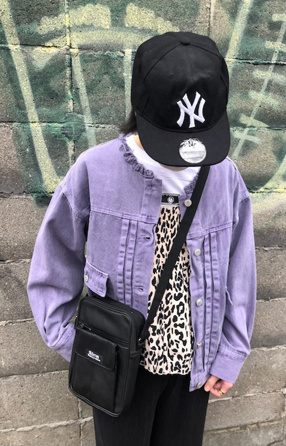 No-Collar Oversized Denim Jacket（Purple） パープル 紫 ストリート