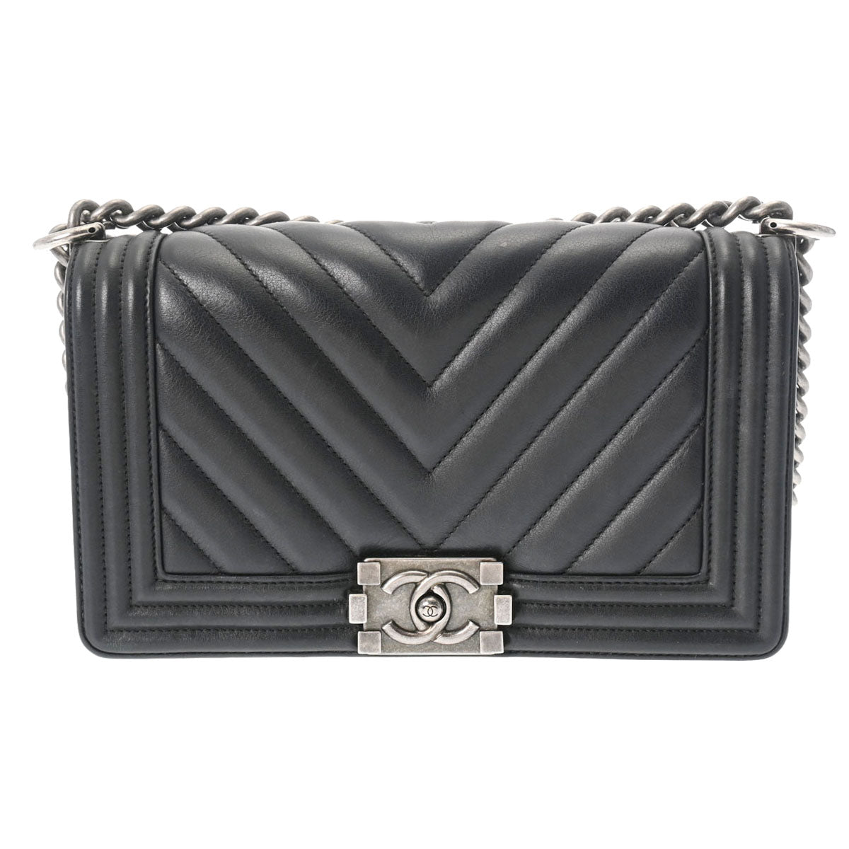 CHANEL シャネル ボーイシャネル チェーンショルダー 25cm 黒 ヴィンテージシルバー金具 A67086 レディース ラムスキン ショルダーバッグ Bランク 中古 