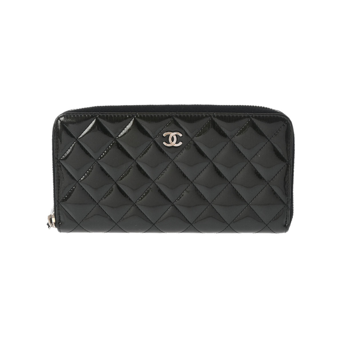 CHANEL シャネル マトラッセ ラウンドファスナー ダークグレー シルバー金具 レディース エナメル 長財布 Bランク 中古 