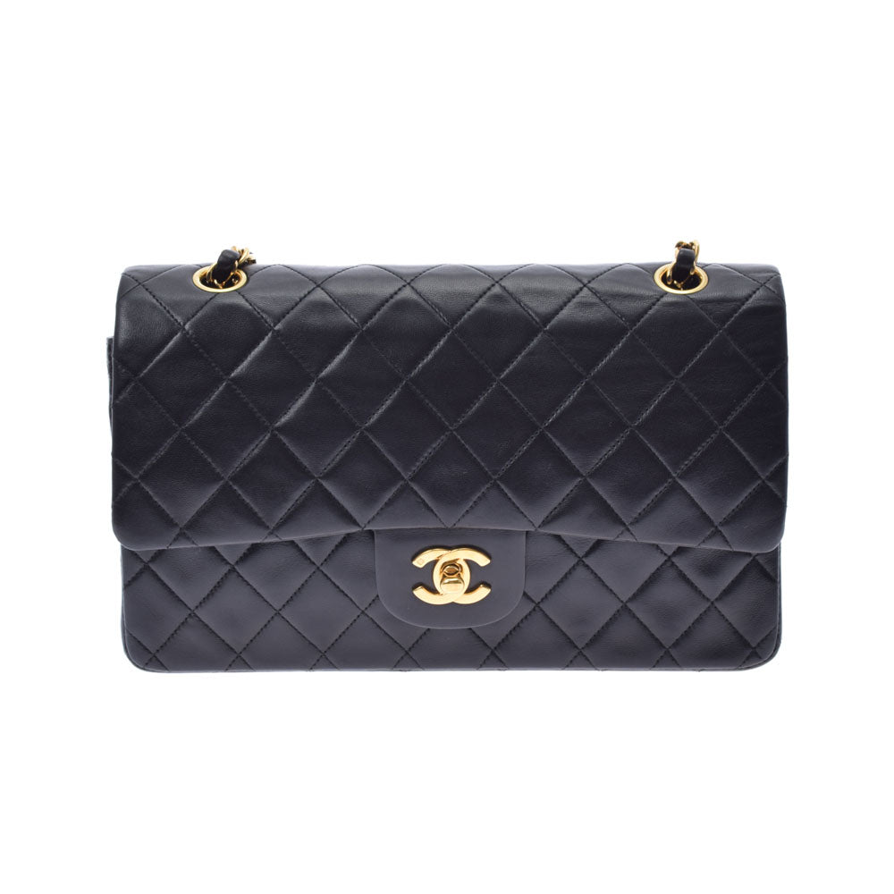 CHANEL シャネル マトラッセ ダブルフラップ チェーンショルダー 25 黒 ゴールド金具 レディース ラムスキン ショルダーバッグ ABランク 中古 