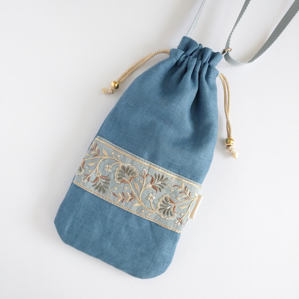 ❲大❳インド刺繍リボンの巾着スマホショルダー【blue×blue】