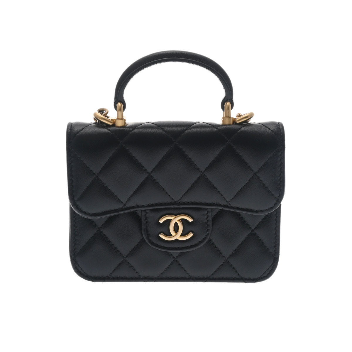 CHANEL シャネル トップハンドル チェーンフラップコインパース 黒 ゴールド金具 AP2200 レディース ラムスキン ショルダーバッグ Aランク 中古 