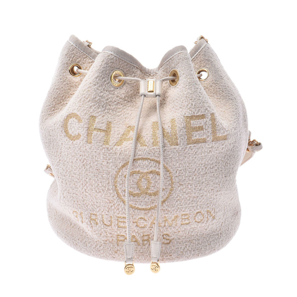 CHANEL シャネルドーヴィル 巾着ショルダーバッグ  白系 レディース キャンバス レザー ワンショルダーバッグ  中古