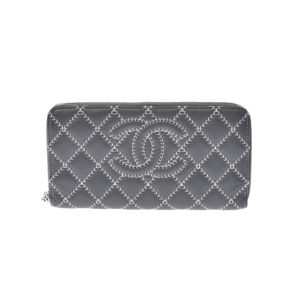 CHANEL シャネル マトラッセ ジップアラウンドウォレット グレー シルバー金具 レディース カーフ 長財布 ABランク 中古 