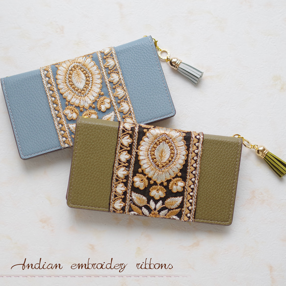 インド刺繍リボン✴︎Khaki or Blue 多機種対応✳︎iPhone15 Xperia✳︎手帳型スマホケース