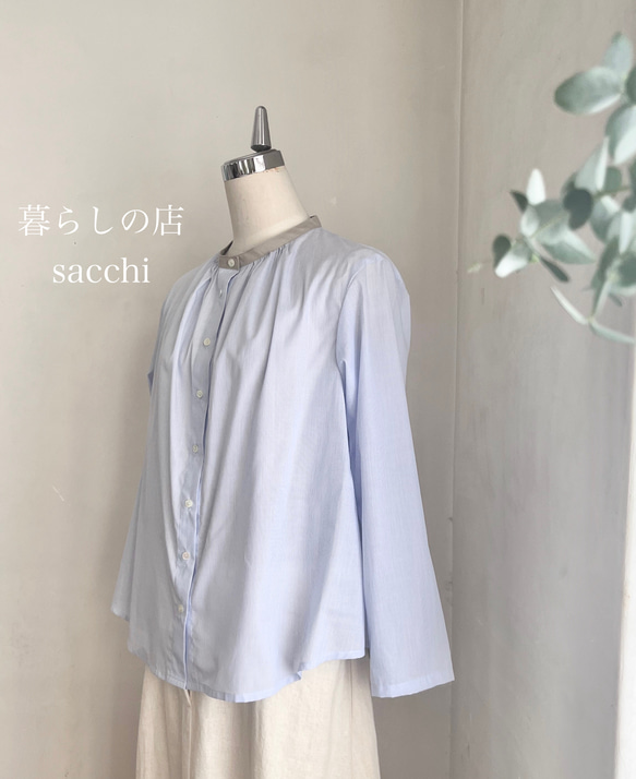 麦のシャツ　コットンローン　ストライプ　ブルー　＊暮らしの店sacchi＊