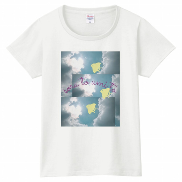 空とハート雲のTシャツ　WLサイズ　プリントTシャツ　チドリ　白Tシャツ