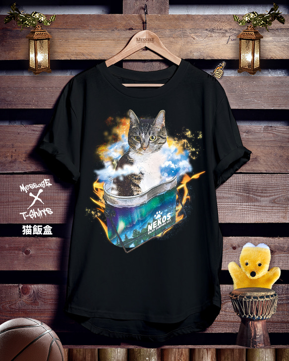 アウトドアキャンプ黒Tシャツ「猫飯盒」