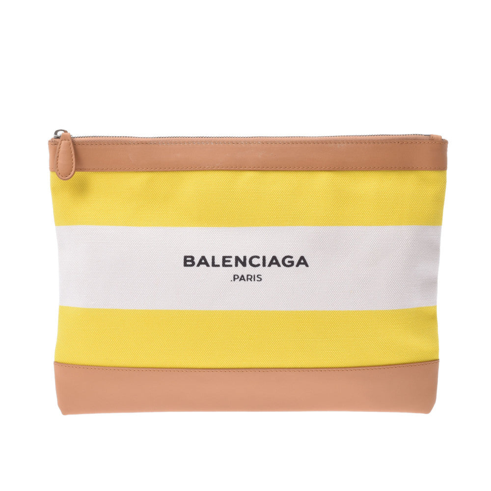 BALENCIAGA バレンシアガ ネイビークリップM 黄/白 ユニセックス キャンバス/レザー クラッチバッグ ABランク 中古 