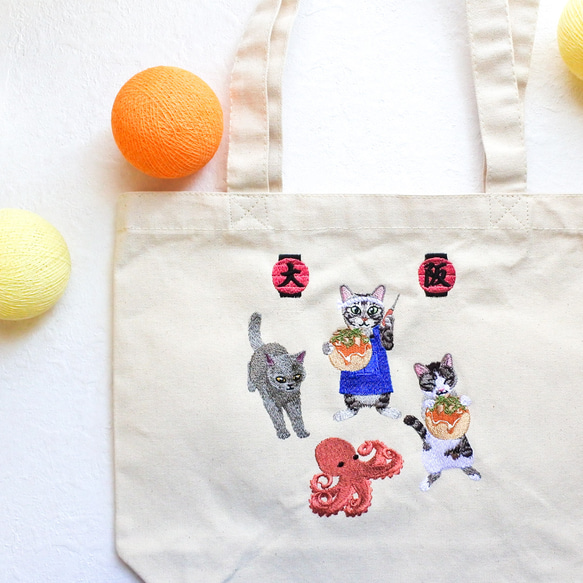 たこ焼き＆猫の刺繍トートバッグ｜大阪ご当地猫刺繍