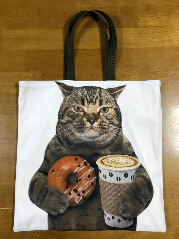 猫柄 ハンドメイド ぺたんこBigトートバッグ ネコとドーナツ