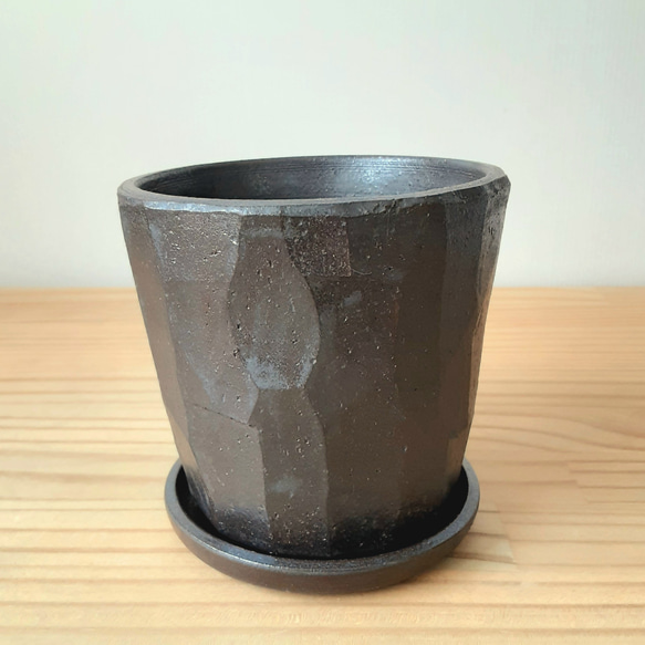 20%OFF FLOWER POT 植木鉢 M 4inch(100㎜) 面取り マンガン釉 受け皿セット