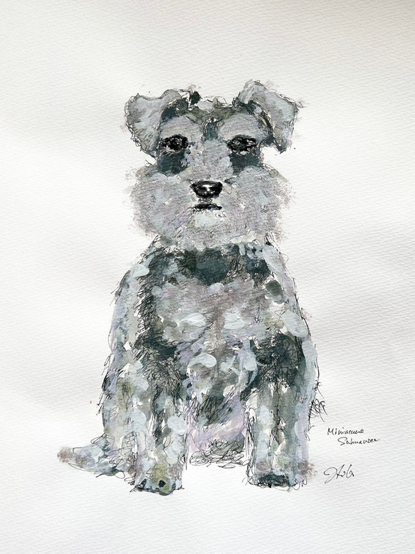 原画】Miniature Schnauzer 犬イラストアート A4 アクリル画／鉛筆画／ペン画