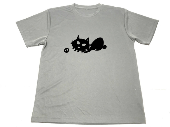 グレー　ドクロ　ネコ　ドライ　Tシャツ　黒猫　切り絵