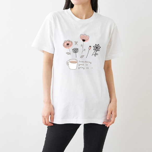 花とカフェラテ　プリントTシャツ ホワイト